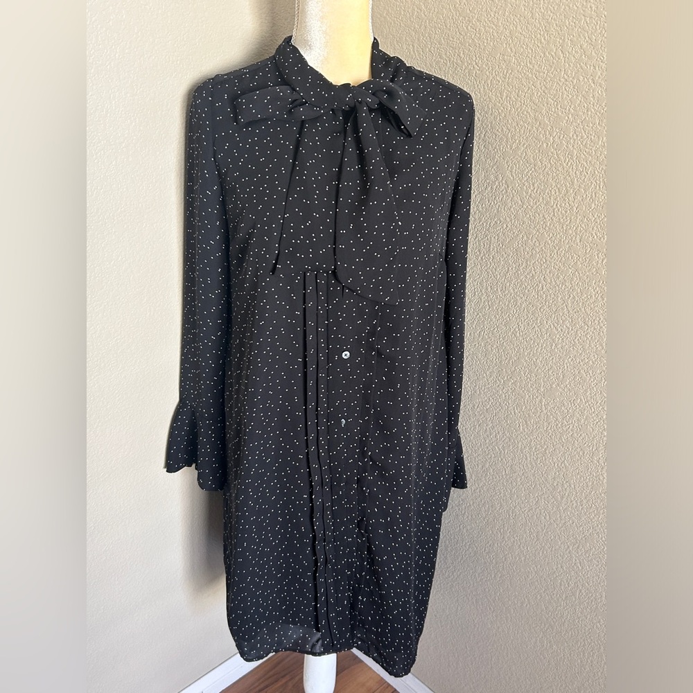 Banana Republic Black Polka Dot Long Sleeve Tie-Neck Dress S